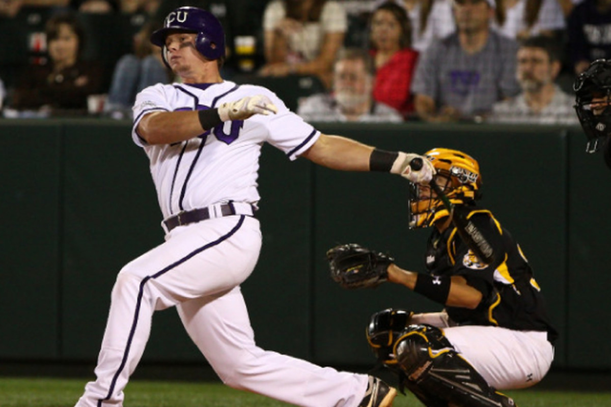 Matt Vern leads TCU and finished tied for first in the Mountain West Conference with 15 home runs. Here, he hits a game tying home run in the eighth inning against Wichita State. (Photo via TCU)