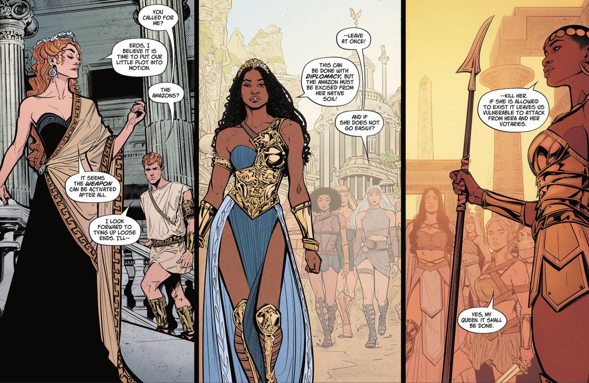 Hera, Queen Nubia of the Amazons, and Queen Faruka of the Bana-Mighdall all independently rally their forces to seek out Yara Flor in Wonder Girl #1, DC Comics (2021). 