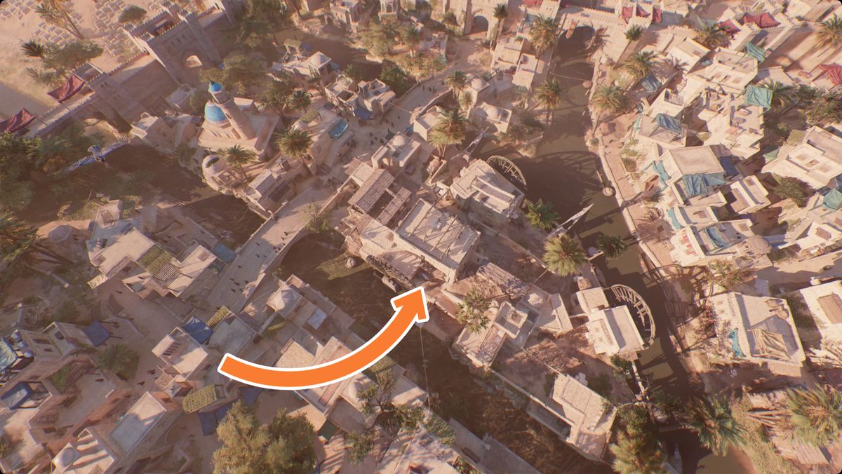 Assassin’s Creed Mirage overhead shot showing the location of the A Challenge Enigma