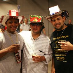 Clearly big beer fans, these guys sported hats homemade from beer boxes.