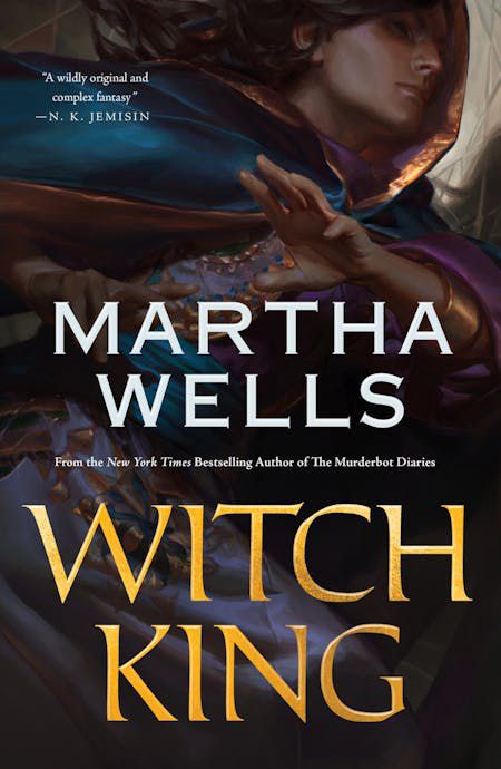 Cover image for Martha Wells’s Witch King, featuring a young woman moving quickly while wearing a cloak.