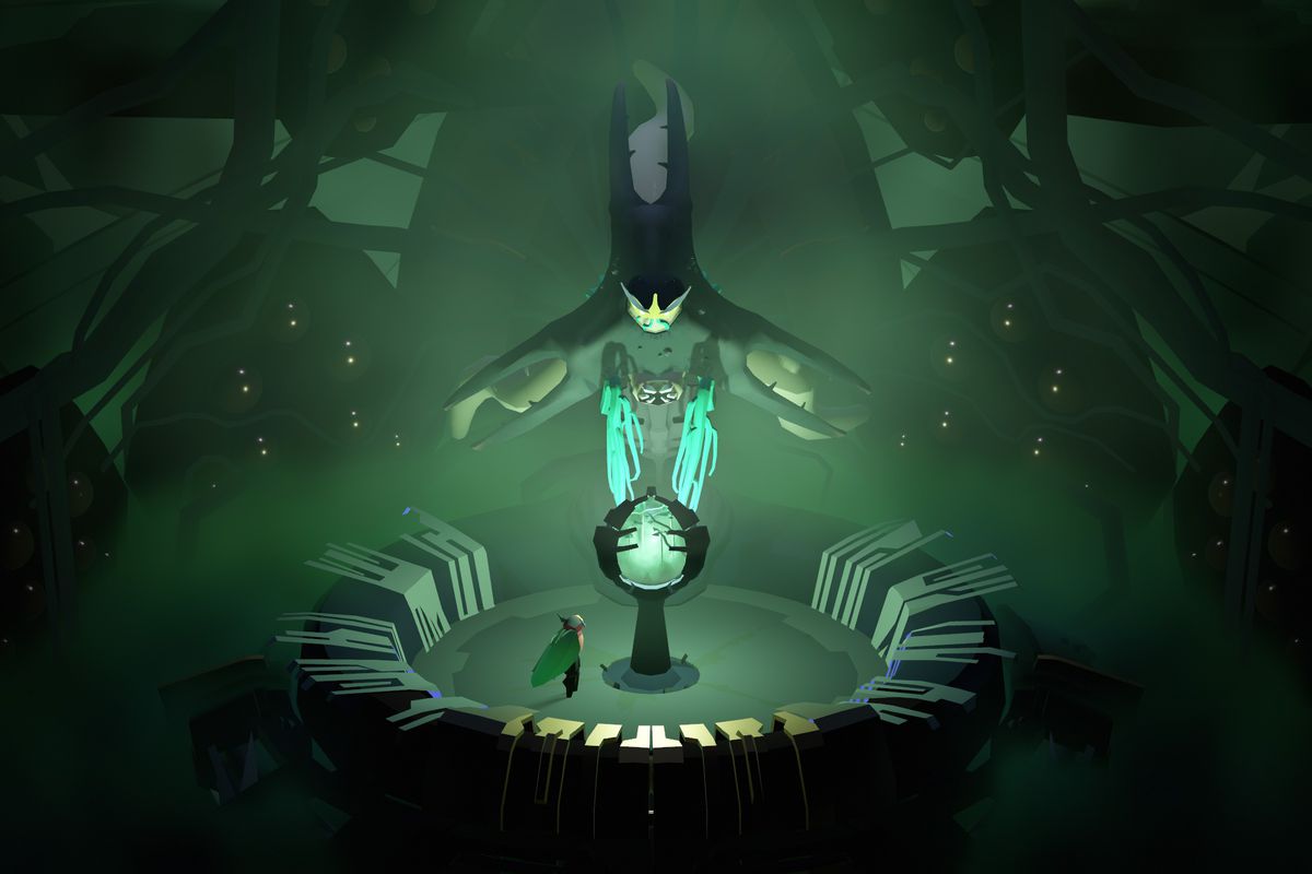 The protagonist of Cocoon glances up at a towering mothman figure in a greenish room
