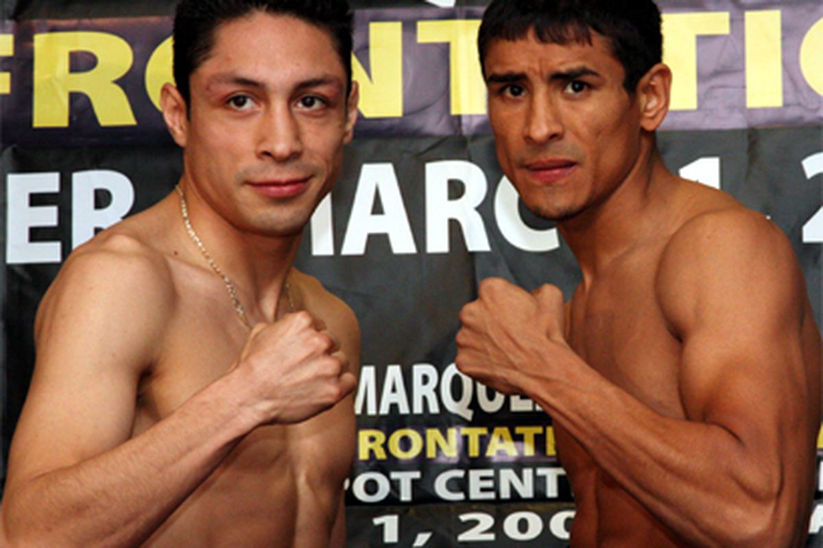 Israel Vazquez and Rafael Marquez will square off one more time on May 22, 2010. (Photo via <a href="http://www.notifight.com/artman2/uploads/1/vazmarPesajeCasino410NF3.jpg">www.notifight.com</a>)