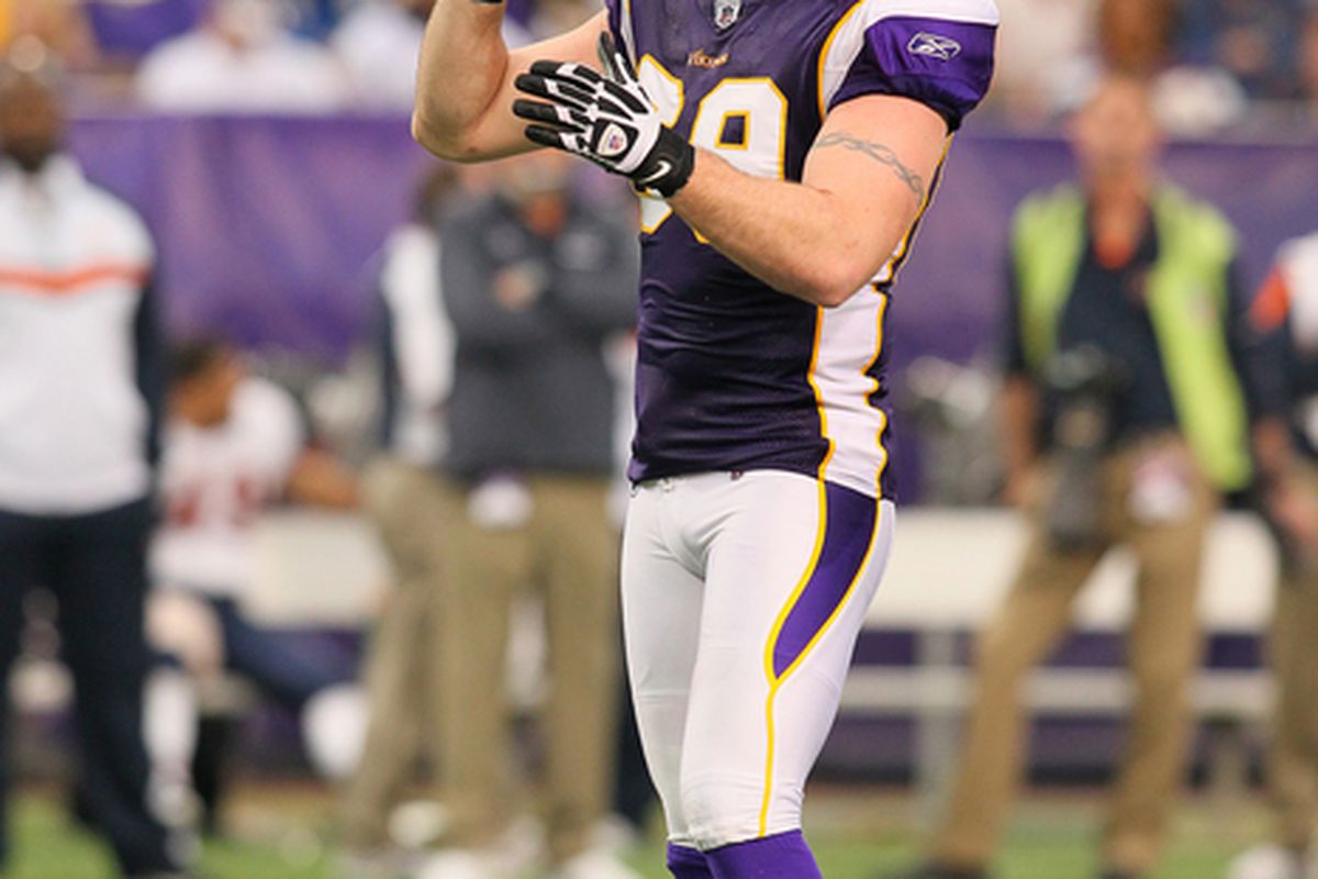 MINNEAPOLIS, MN - JANUARY 01:   Jared Allen #69 of the Minnesota Vikings gets the crowd going against the Chicago Bears at the Hubert H. Humphrey Metrodome on January 01, 2012 in Minneapolis, Minnesota.  (Photo by Adam Bettcher /Getty Images)
