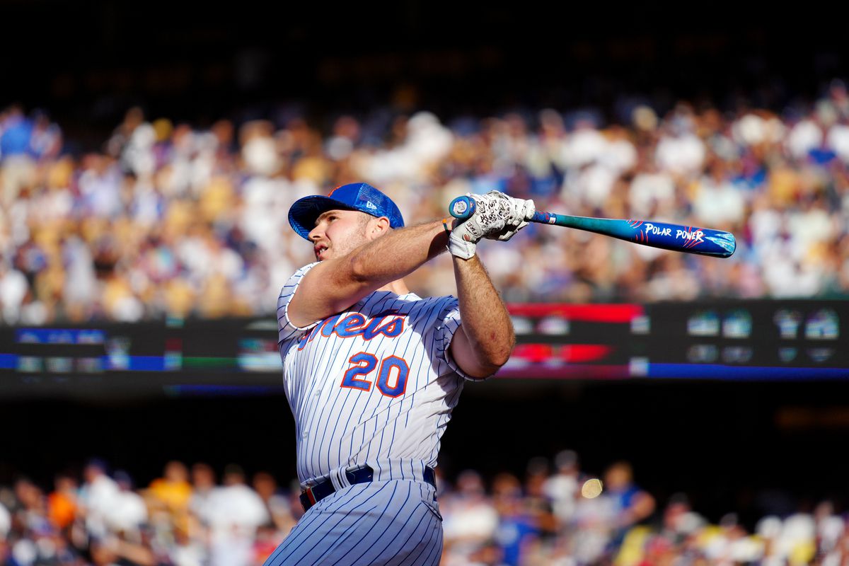 Pete Alonso of the New York Mets bats during the T-Mobile Home Run Derby at Dodger Stadium on Monday, July 18, 2022 in Los Angeles, California.