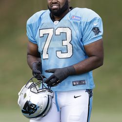 Carolina Panthers tackle Michael Oher (73) takes the field during the NFL football team’s training camp in Spartanburg, S.C., Saturday, July 30, 2016. 