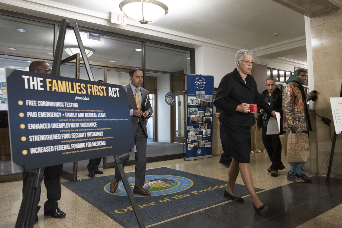 Cook County Board President Toni Preckwinkle at a news conference on the COVID-19 pandemic last March.