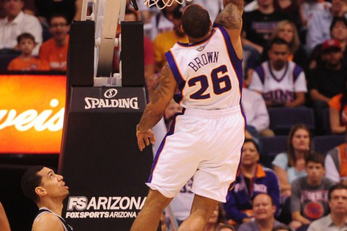 Mar. 27, 2012; Phoenix, AZ, USA; Phoenix Suns guard Shannon Brown dunks the ball in the first quarter against the San Antonio Spurs at the US Airways Center. Mandatory Credit: Mark J. Rebilas-US PRESSWIRE