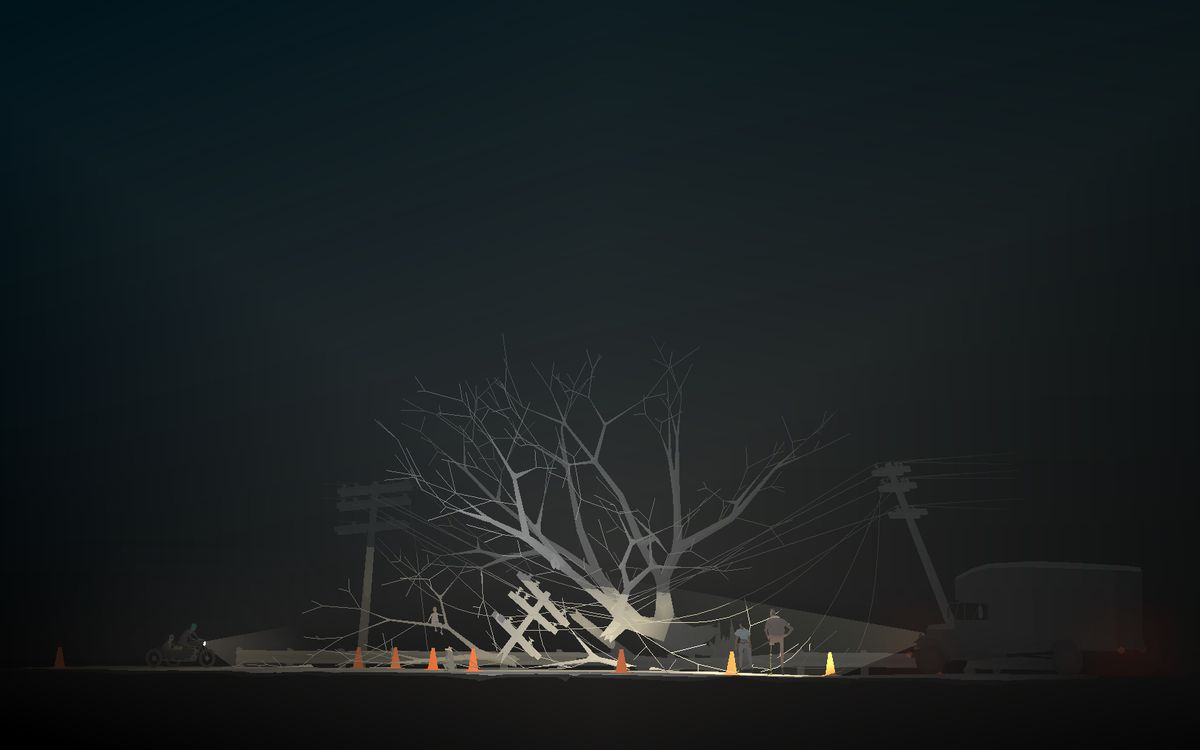characters stare at a downed tree at night in Kentucky Route Zero