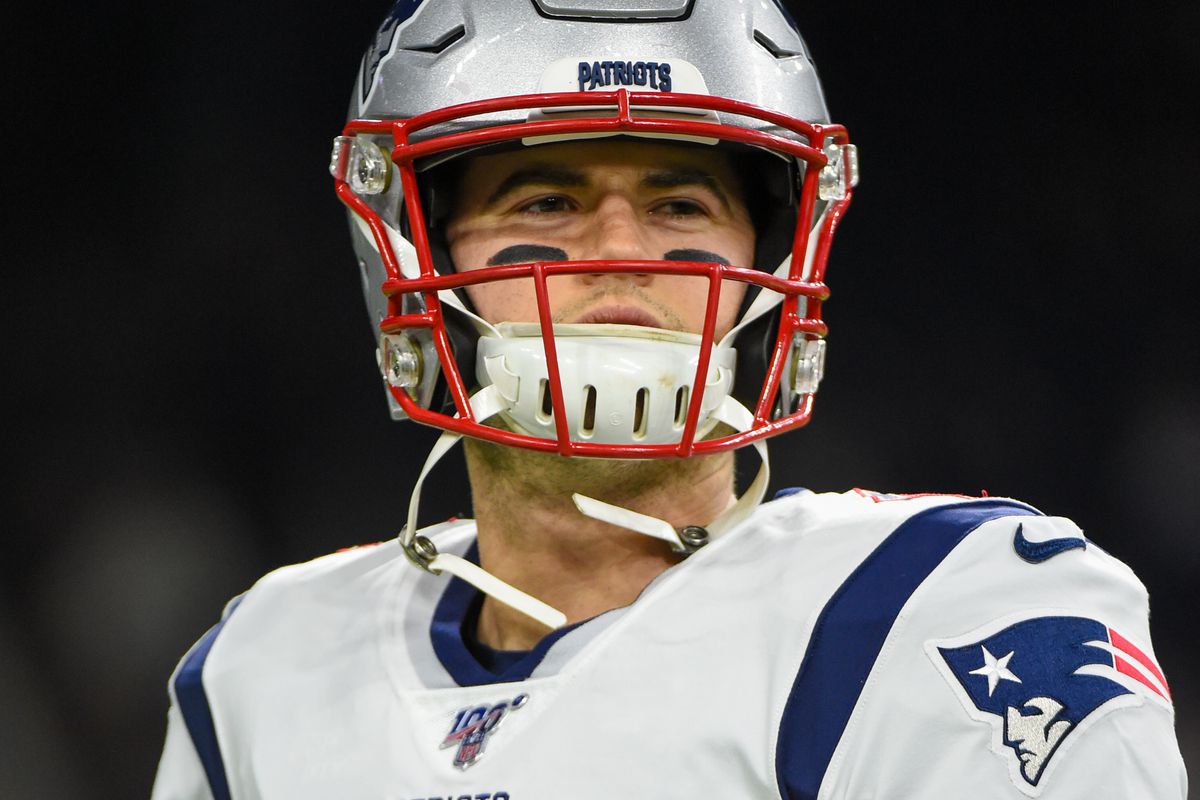 New England Patriots quarterback Jarrett Stidham (warms up before the football game between the New England Patriots and Houston Texans at NRG Stadium on December 1, 2019 in Houston, TX.