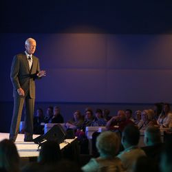 Capt. Chesley “Sully” Sullenberger gives his keynote speech during the O.C. Tanner Influence GR8NSS conference at the Cliff Lodge in Little Cottonwood Canyon on Thursday, Aug. 10, 2017. Sullenberger is celebrated for the Jan. 15, 2009, water landing of U.S. Airways Flight 1549 in the Hudson River off Manhattan after the plane was disabled by striking a flock of Canada geese immediately after takeoff.