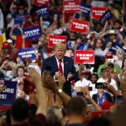 President Donald Trump reacts to the crowd after speaking during his re-election kickoff rally at the Amway Center, Tuesday, June 18, 2019, in Orlando, fla. (AP Photo/Evan Vucci)