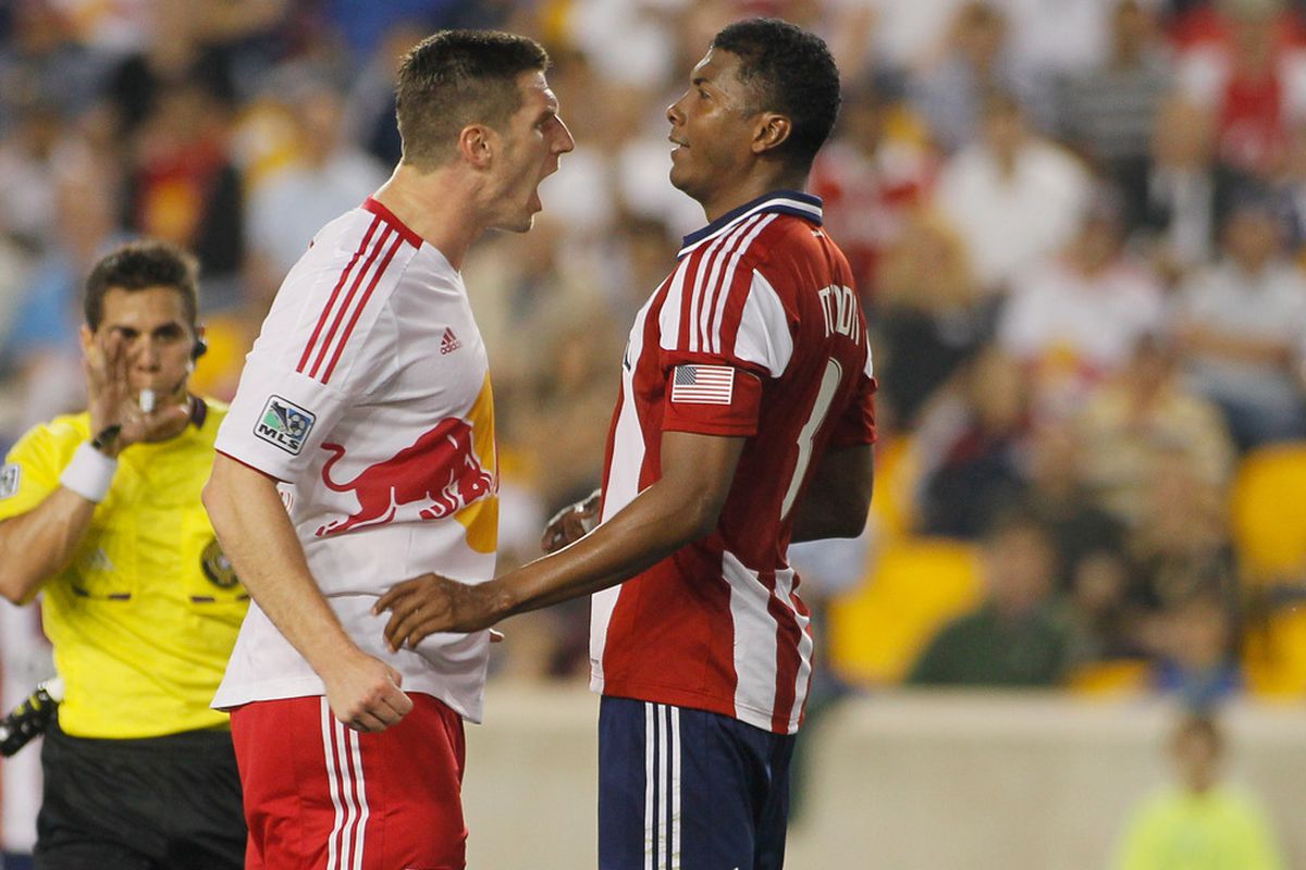 HARRISON, NJ - MAY 23:  Minda holds his ground for Chivas - let him do this at the 2012 MLS All-Star Game!  (Photo by Mike Stobe/Getty Images for New York Red Bulls)