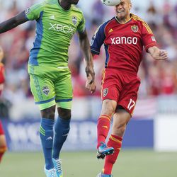 Real Salt Lake defender Chris Wingert (17) heads the ball during an MLS game between Real Salt Lake and Seattle on Saturday, June 22, 2013 at Rio Tinto Stadium. RSL beat the Sounders 2-0.