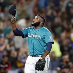 SEATTLE, WASHINGTON - AUGUST 26: Diego Castillo #63 of the Seattle Mariners reacts during the ninth inning against the Cleveland Guardians at T-Mobile Park on August 26, 2022 in Seattle, Washington.