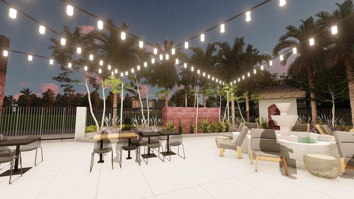 A rendering of an evening patio with string lights, sunsets, a fire pit area, and more.