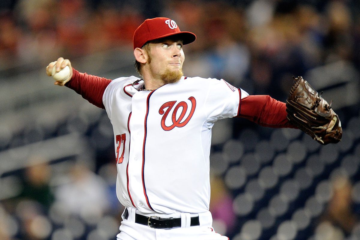WASHINGTON, DC - SEPTEMBER 23:  Stephen Strasburg #37 of the Washington Nationals pitches against the Atlanta Braves at Nationals Park on September 23, 2011 in Washington, DC.  (Photo by Greg Fiume/Getty Images)
