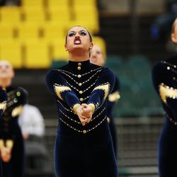 Layton’s drill team competes in the military category of the 6A state finals at the UCCU Center in Orem on Thursday, Feb. 4, 2021.