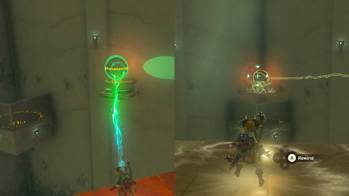 Link placing a stone ball into a bowl, and then using Recall to rewind the stone ball in the Tauyosipun Shrine in the Legend of Zelda: Tears of the Kingdom.