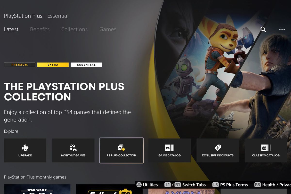 A screenshot of the PlayStation Plus Collection menu on a PlayStation 5, with artwork from Ratchet &amp; Clank, Final Fantasy 15, and Days Gone on the right hand side.