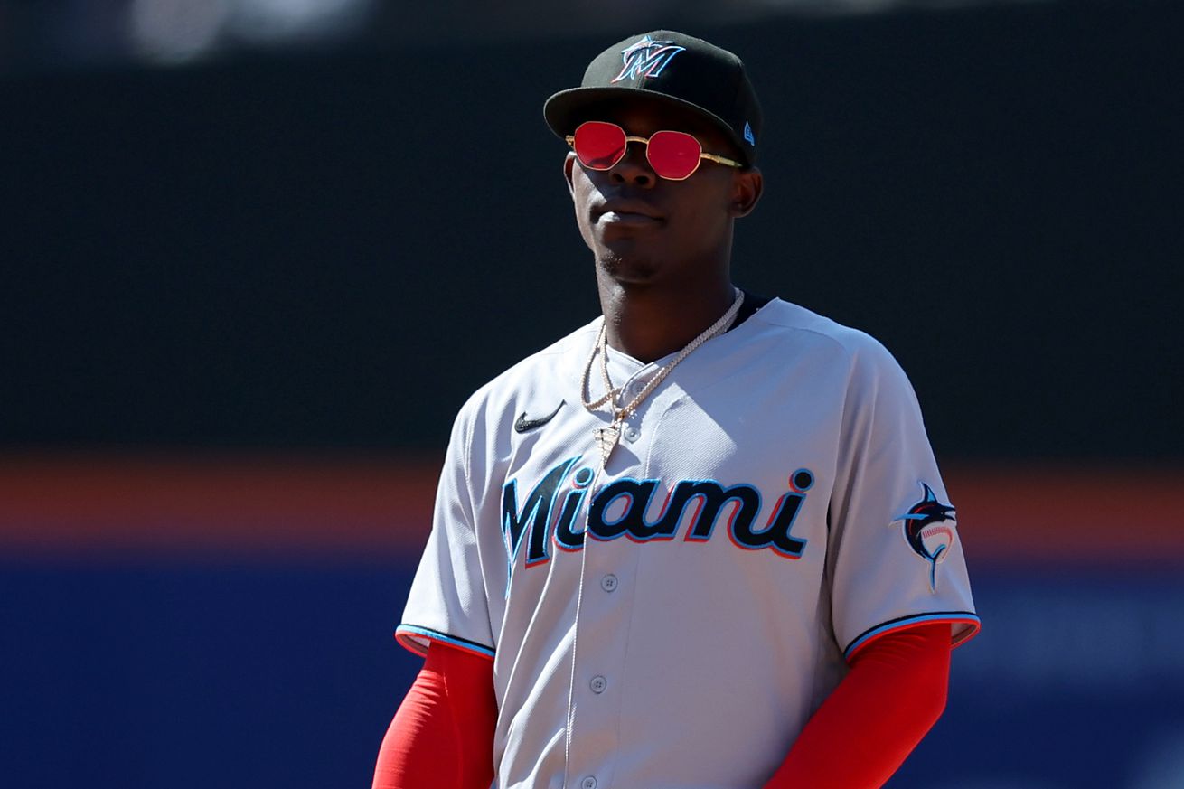 Miami Marlins second baseman Jazz Chisholm Jr. (2) reacts during the eighth inning against the New York Mets at Citi Field.