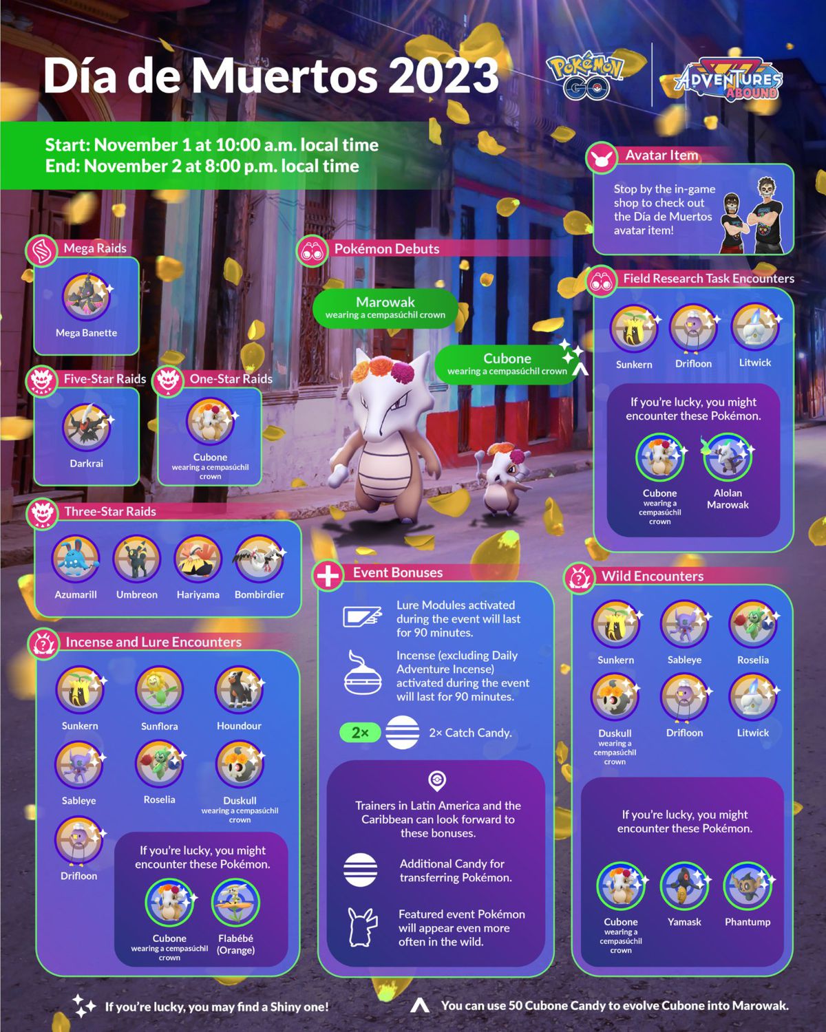 An infographic for Pokémon Go’s Dia de Muertos 2023 event, showing Marowak and Cubone wearing a cempasúchil crown.