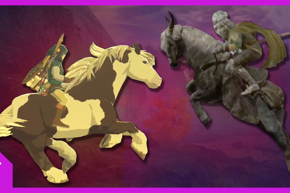 A paint horse from Breath of the Wild and Torrent from Elden Ring galloping on a pink and purple background.