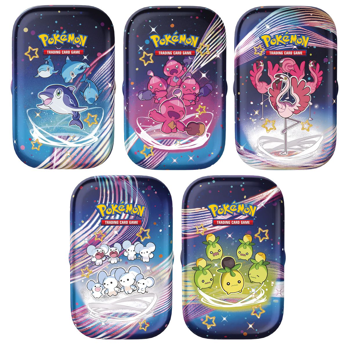 Pokémon TCG Scarlet and Violet — Paldean Fates mini tins with Tinkatink, Flamigo, Smoliv, Maushold, and Palafin on them.