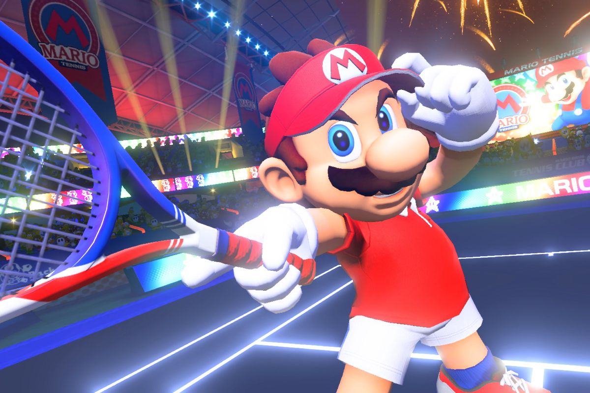 Mario Tennis Aces - Mario tipping his cap as he reaches out his racket