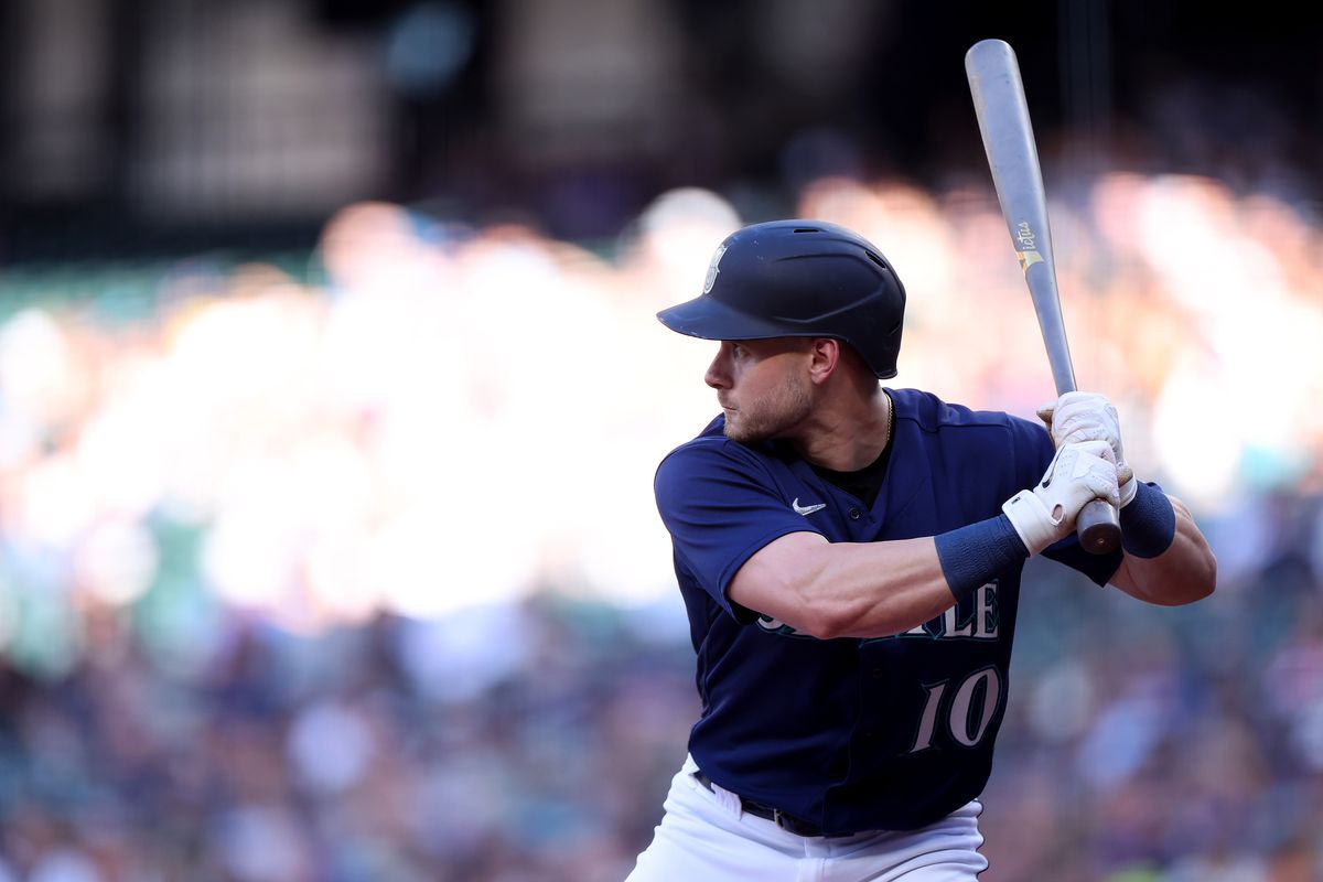 Jarred Kelenic of the Seattle Mariners at bat against the Minnesota Twins at T-Mobile Park on July 17, 2023 in Seattle, Washington.