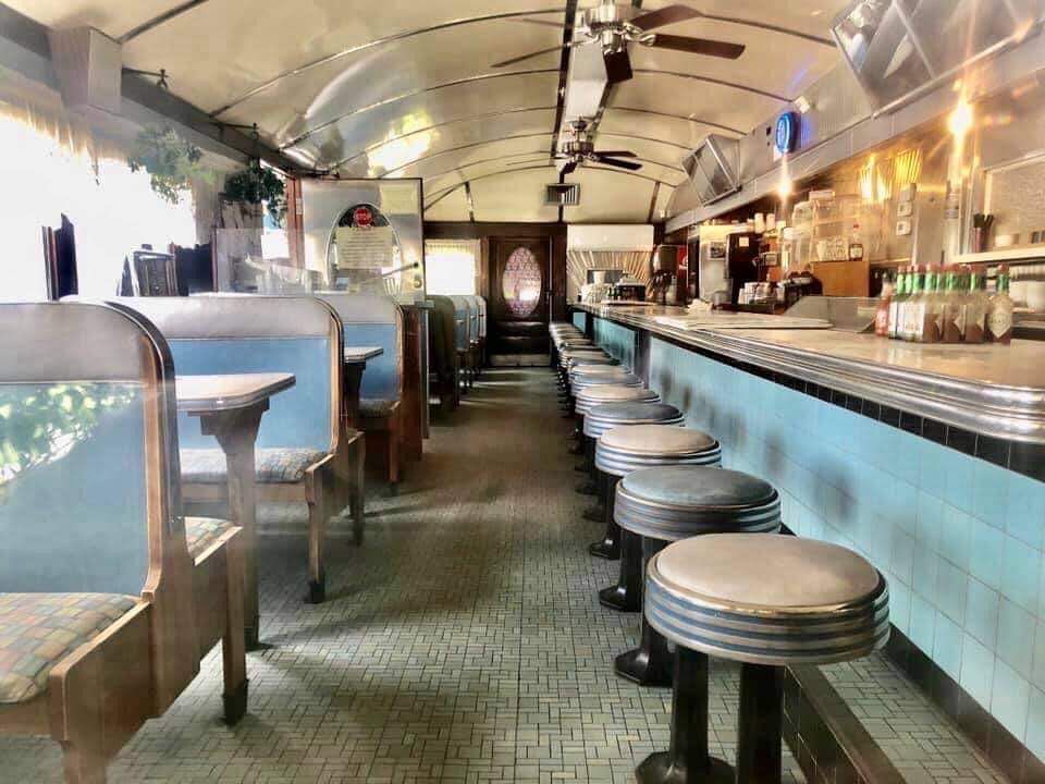 The long blue and chrome interior at the Blue Benn Diner.