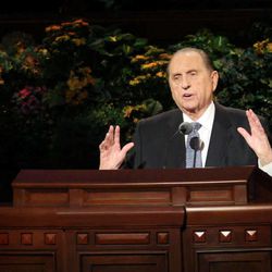 President Thomas S. Monson speaks at the afternoon session of the 183rd Annual General Conference of The Church of Jesus Christ of Latter-day Saints in the Conference Center in Salt Lake City on Sunday, April 7, 2013. 