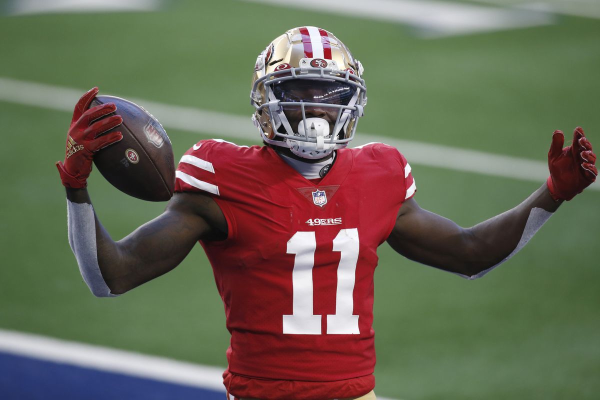 San Francisco 49ers wide receiver Brandon Aiyuk celebrates after scoring a touchdown against the Dallas Cowboys in the second quarter at ATT Stadium.