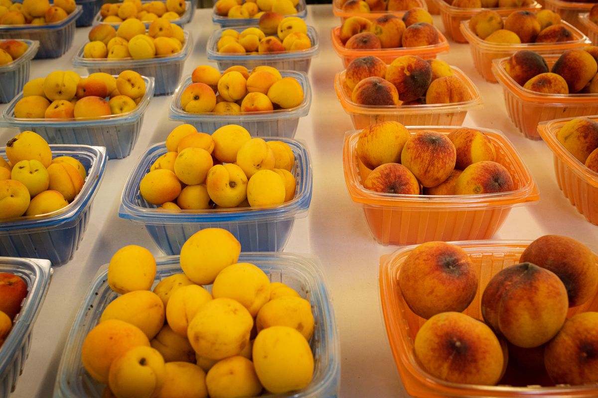 Containers of peaches and apricots.