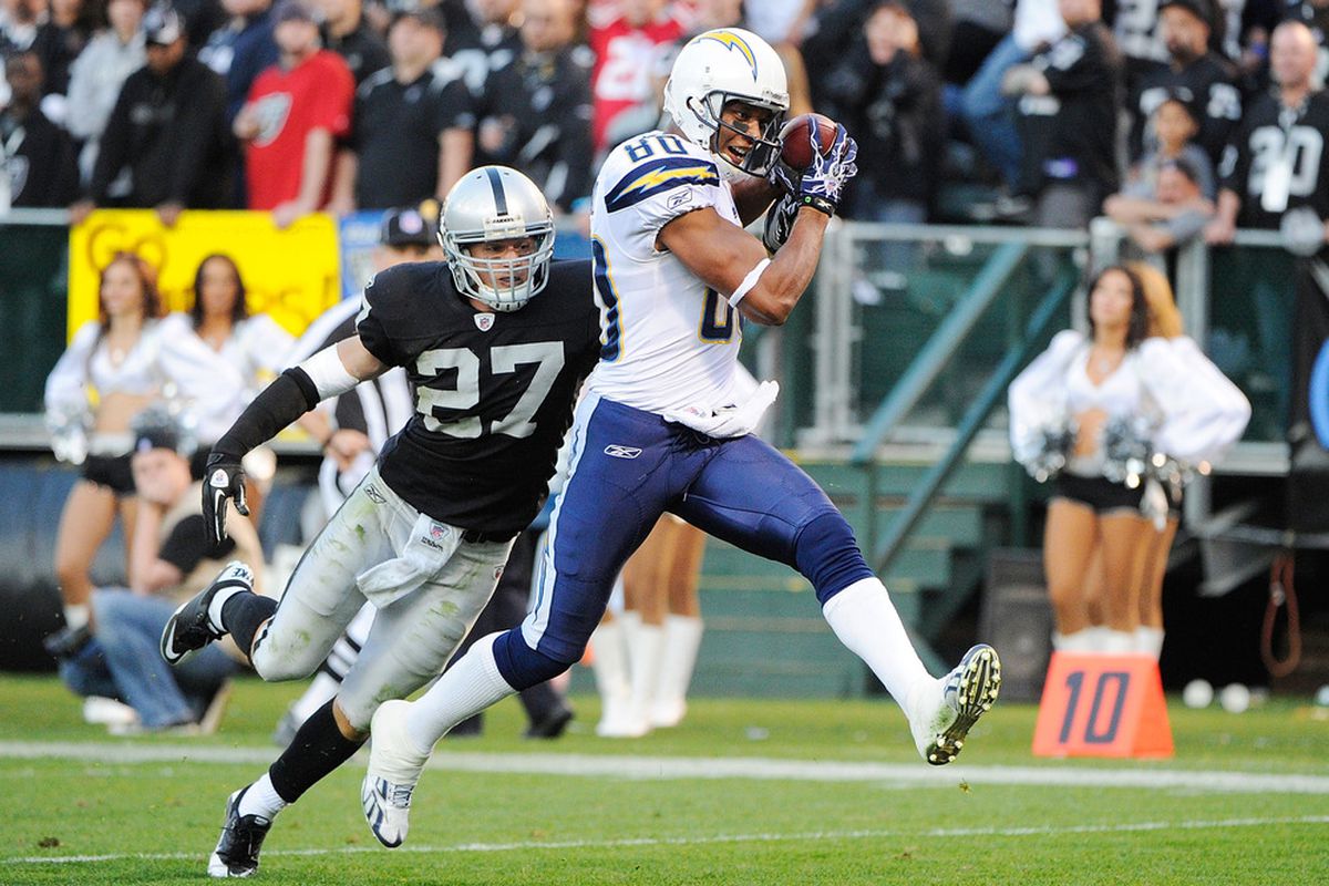 Malcom Floyd #80 of the San Diego Chargers high steps into the endzone out running Matt Giordano #27 of the Oakland Raiders for a forty three yard touchdown reception. (Photo by Thearon W. Henderson/Getty Images)