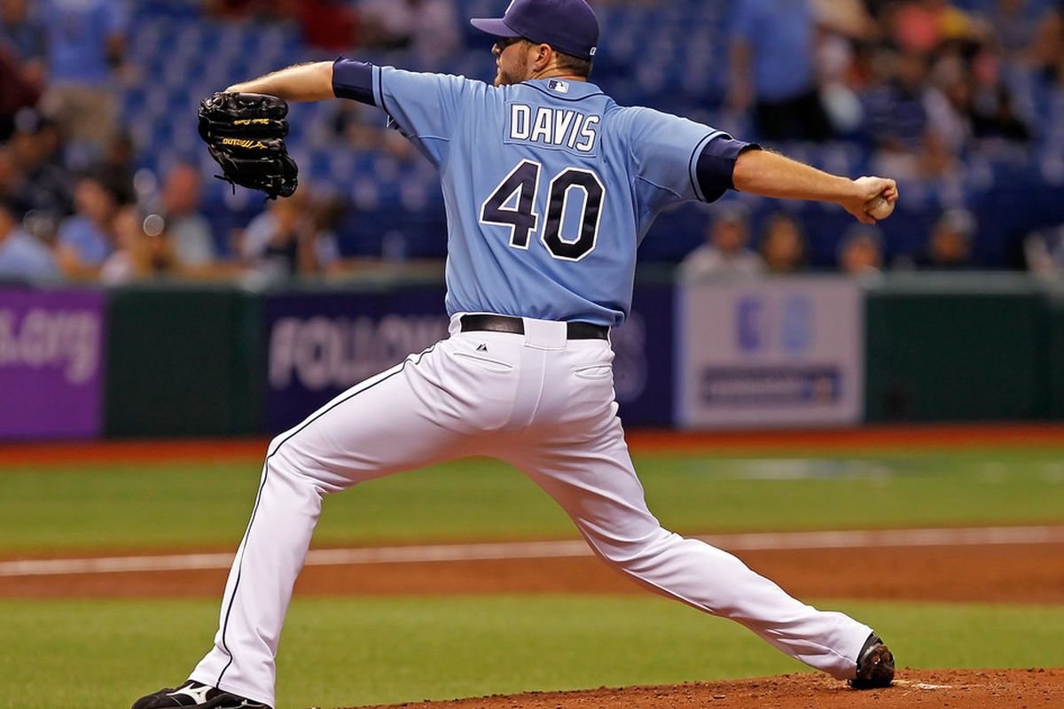 ST PETERSBURG, FL - SEPTEMBER 25:  :  Pitcher Wade Davis #40 of the Tampa Bay Rays pitches against the Toronto Blue Jays during the game at Tropicana Field on September 25, 2011 in St. Petersburg, Florida.  (Photo by J. Meric/Getty Images)