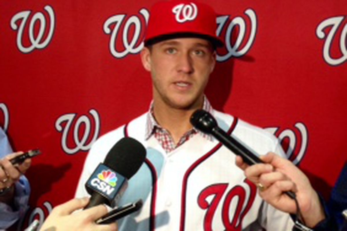 Trevor Gott talked to reporters at WinterFest, right after the Nationals acquired him from the Angels.