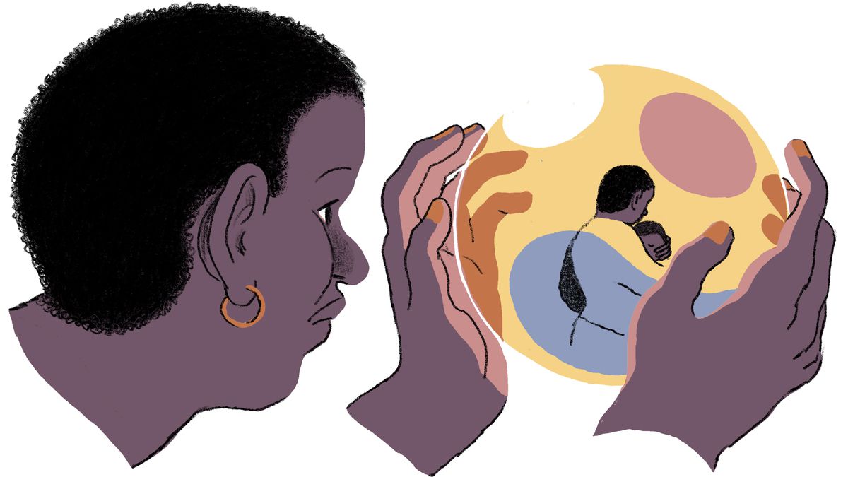An illustrated woman peers into a crystal ball, which shows her holding a baby.