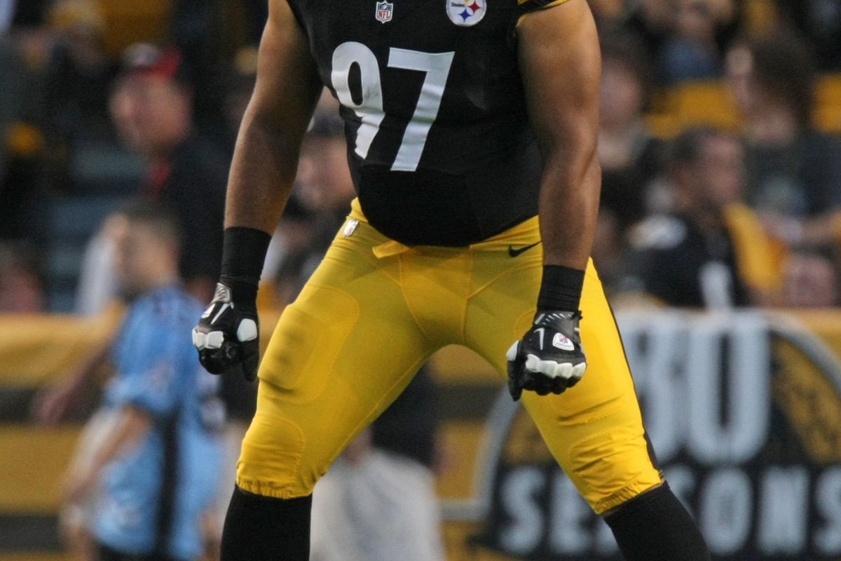 Aug 19, 2012; Pittsburgh , PA, USA; Pittsburgh Steelers defensive end Cameron Heyward (97) lines up against the Indianapolis Colts during the first half of the game at Heinz Field. Mandatory Credit: Jason Bridge-US PRESSWIRE