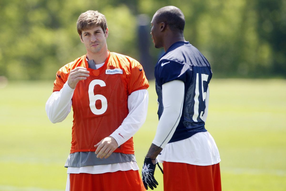 May 23, 2012; Lake Forest, IL, USA; Chicago Bears quarterback Jay Cutler (6) talks with receiver Brandon Marshall during organized team activities at Halas Hall.  Mandatory Credit: Jerry Lai-US PRESSWIRE