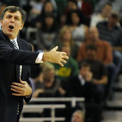 Houston Rockets head coach Kevin McHale wants a call during a game at EnergySolutions Arena on Monday, Dec. 2, 2013.