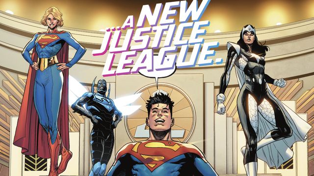 “A new Justice Leauge,” declares Jon Kent/Superman as he gestures joyously to the superheroes around him, Supergirl, Blue Beetle/Jamie Reyes, and Doctor Light in Dark Crisis #1 (2022).