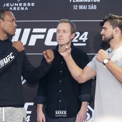 Jacare Souza and Kelvin Gastelum face off at UFC 224 media day Thursday in Rio de Janeiro.