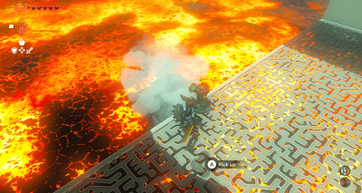 A water spout created some rock in a pit of fire in The Legend of Zelda: Tears of the Kingdom’s Timawak Shrine