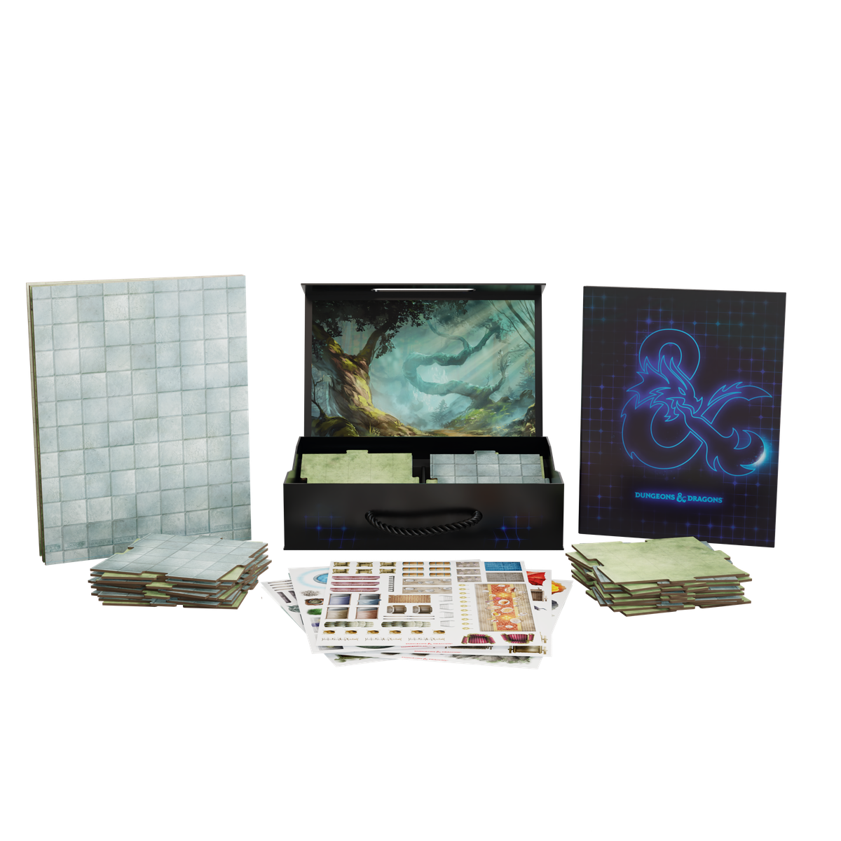 Product image showing a foldable map, double-sided and interlocking map tiles, stickers, and the carrying case for the Terrain Campaign Case.
