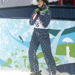 Lacy Schnoor of the United States reacts after landing a jump during the freestyle skiing women's aerials final Wednesday at the 2010 Winter Olympics in Vancouver. Schnoor finished ninth.
