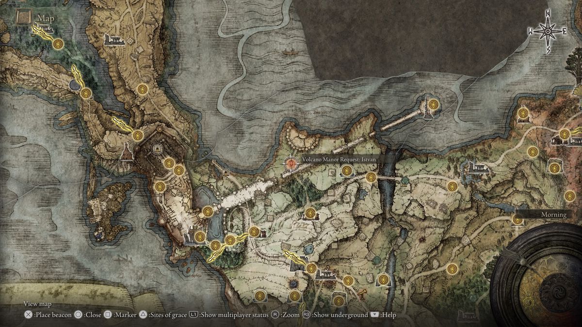 Elden Ring’s map, showing the location of Volcano Manor Request: Istvan