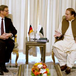 Visiting German Foreign Minister Guido Westerwelle, left, listens to Pakistan's Prime Minister Nawaz Sharif during their meeting in Islamabad, Pakistan on Saturday, June 8, 2013. Westerwelle arrived in Islamabad on his two-day visit to Pakistan for talks with the new government on bilateral and regional matters, focusing on security issues and peace in Afghanistan. 