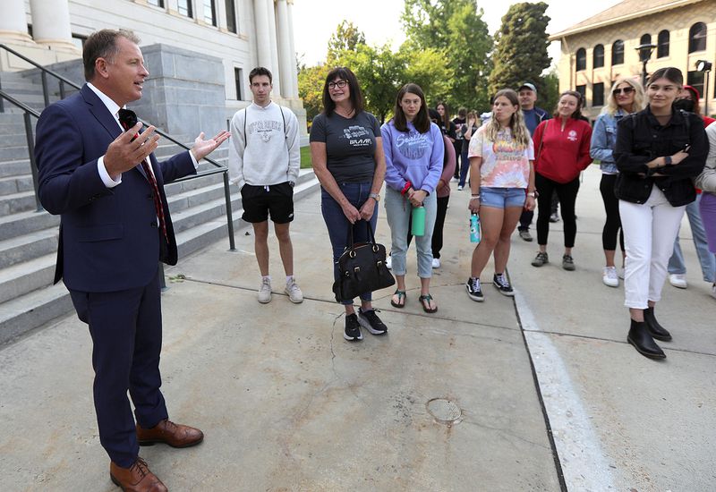 University of Utah President Taylor Randall talks to a group of prospective and incoming students touring the University of Utah campus in Salt Lake City on Friday, Aug. 20, 2021.