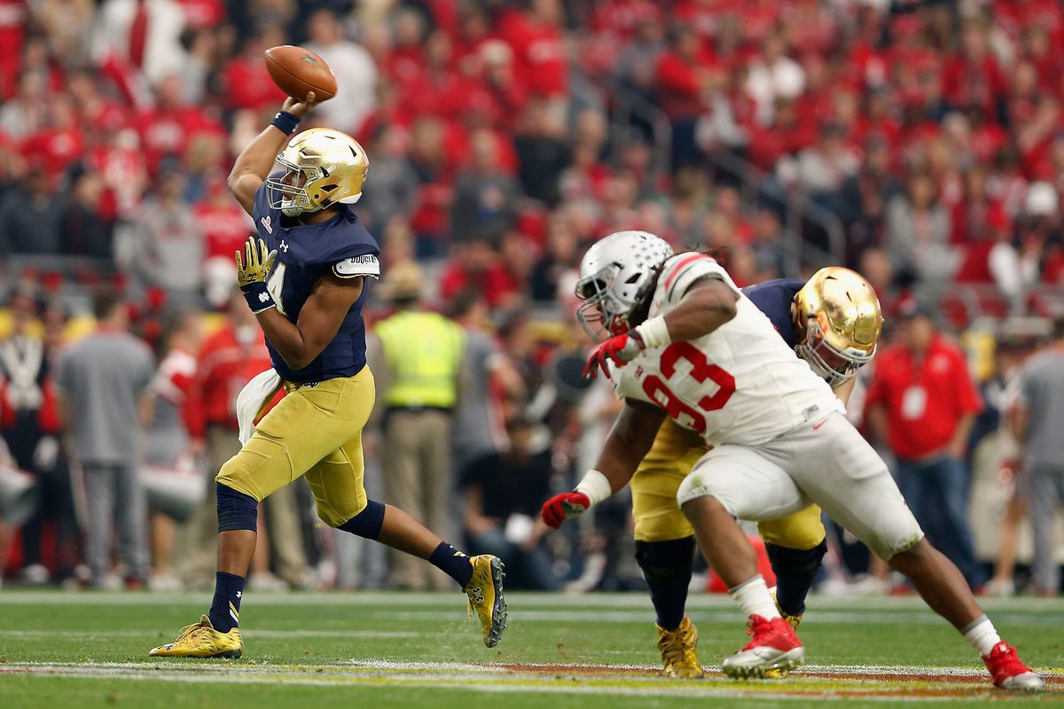 Quarterback DeShone Kizer #14 of the Notre Dame Fighting Irish throws a pass during the BattleFrog Fiesta Bowl against the Ohio State Buckeyes at University of Phoenix Stadium on January 1, 2016 in Glendale, Arizona. The Buckeyes defeated the Fighting Irish 44-28.